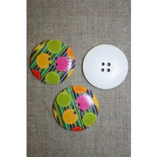 Stor knap træ m/print, m/cirkler lime/gul - Træ- og Horn-knapper