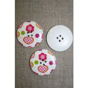 Stor knap træ m/print, m/blomst/hjerte - Træ- og Horn-knapper