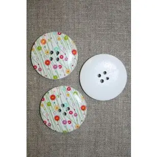 Stor knap træ m/print, m/blomster/streger - Træ- og Horn-knapper