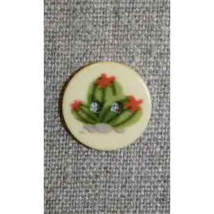 2-huls knap creme m/kaktus grøn/rød, 18 mm. - Knapper Brun, beige og off-white
