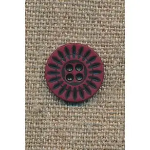 4-huls knap bordeaux m/sorte streger, 15 mm. - Knapper Rød/lyserød/lilla