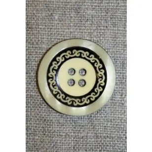 4-huls knap m/mønster sort/lysegul, 28 mm. - Knapper Grøn, gul og orange