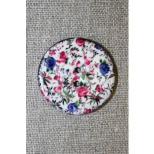 Kokos-knap m/emalje, hvid m/blomster, 30 mm. - Træ- og Horn-knapper