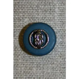 Knap petrol-blå/sølv, 15 mm. - Guld-, sølv- og metalknapper