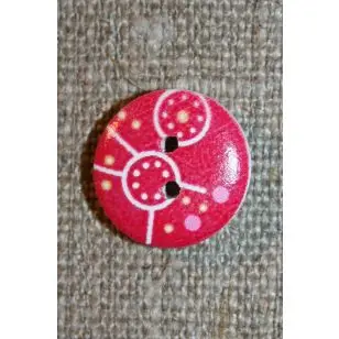 Knap træ rund hindbær med hvide cirkler, 15 mm. - Knapper Rød/lyserød/lilla