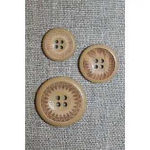 4-huls træ knap med mønster og kant i beige, 23 mm - Knapper Brun, beige og off-white