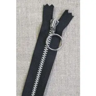 25 cm. lynlås 4 mm aluminium fast med ring i sort - Lynlåse