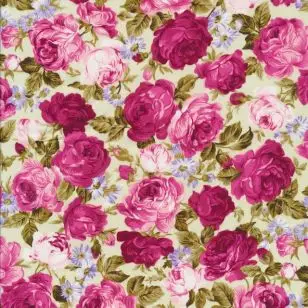 Bomuldspoplin med roser off-white/rosa/lyserød - 