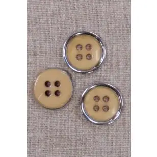 4-huls knap beige/gylden med sølv kant, 20 mm. - Knapper Brun, beige og off-white