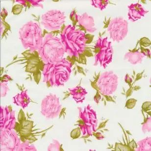 Fast bomuldspoplin med roser i hvid og lyserød - Blomstret bomuld