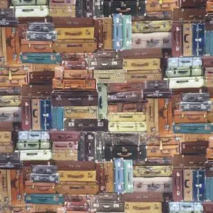 Bomuld med digitalt print med gamle kufferter - Boligtekstiler