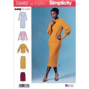Simplicity 8982 Kjole bluse og nederdel til strikstof - Symønstre