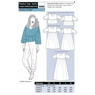 Onion 2088 -Peplum top og kjole med ballonærme - Snitmønstre Onion til voksne