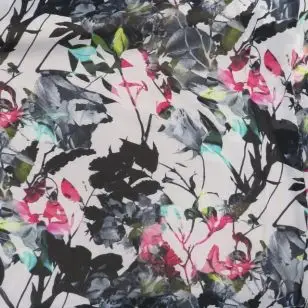 Chiffon i viskose med grene og blomster i hvid sort pink - Chiffon