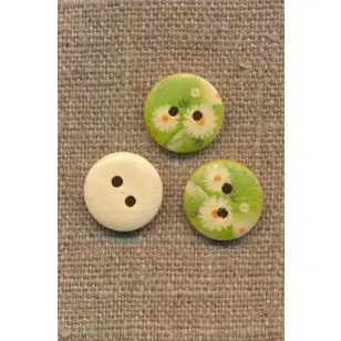 Træknap med print i lime med marguerit 15 mm. - Børneknapper