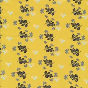 Økologisk Bomulds poplin i støvet gul med blade - Div mønstret bomuld