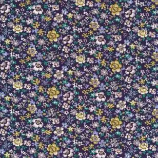 Blomstret bomulds poplin i aubergine, carry og pudder - 