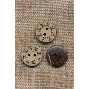 Kokos knap med mønster kant, 15 mm. - Træ- og Horn-knapper