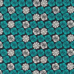 Afklip Patchwork stof med blomster i koks, petrol og off-white 50x55 cm. - Afklip patchwork